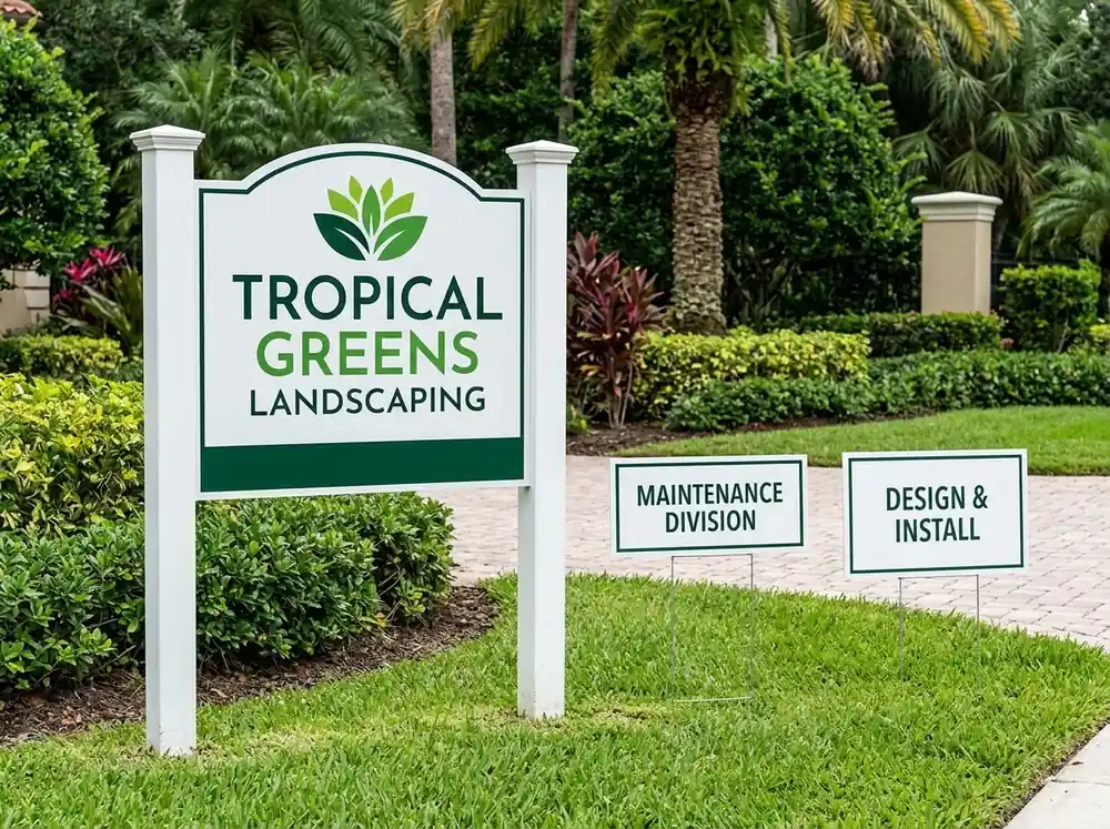 Post and panel sign for a landscaping company at its entrance