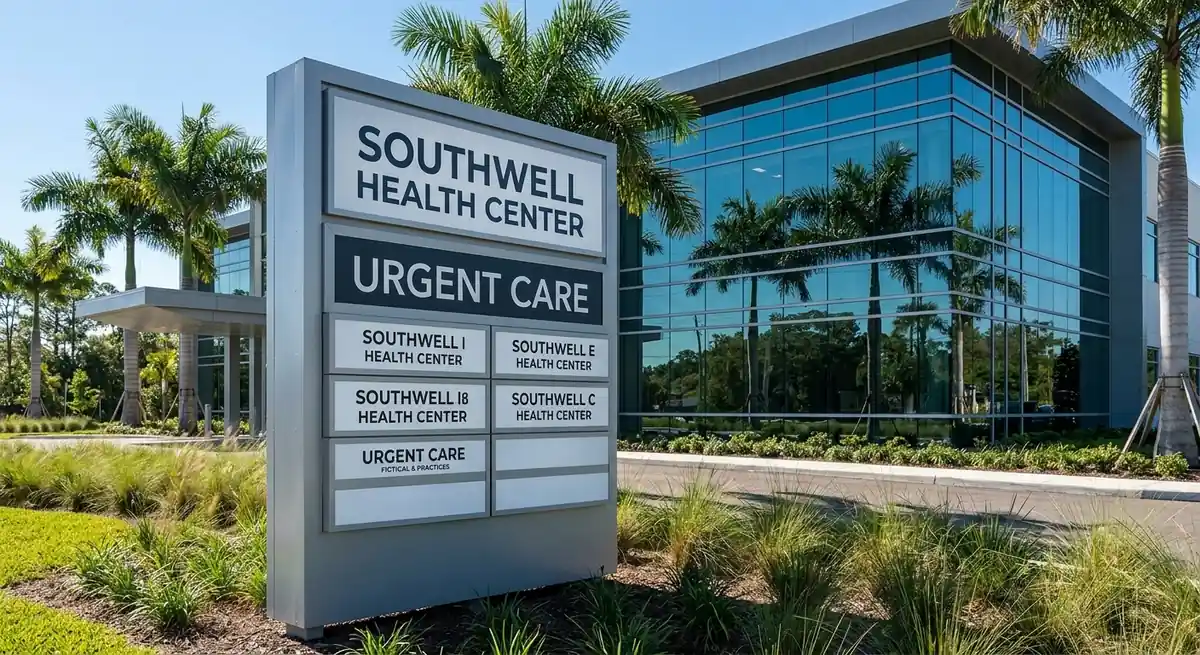 Monument sign for a health center with an urgent care listing