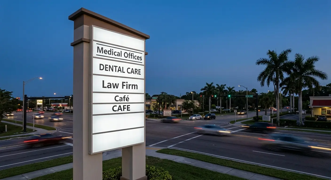 Illuminated pylon sign for a medical and dental plaza at dusk