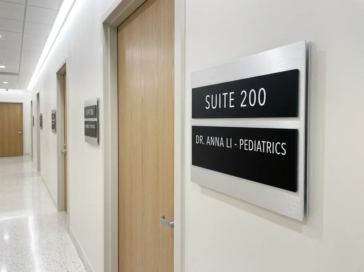 Suite identification sign outside a pediatric medical office