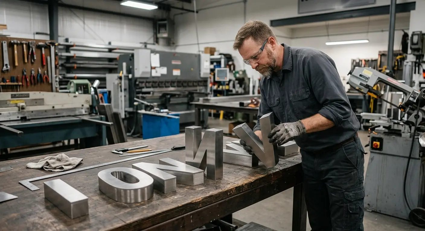 Metal dimensional letters being fabricated on a workbench