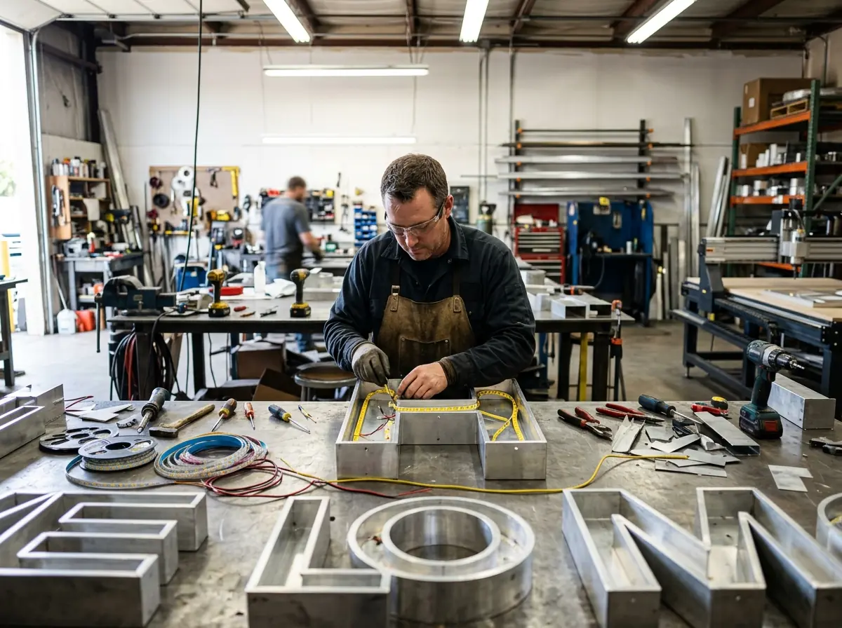 Large metal letters being fabricated in a sign shop
