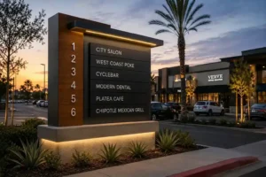 Numbered tenant directory monument at a shopping plaza