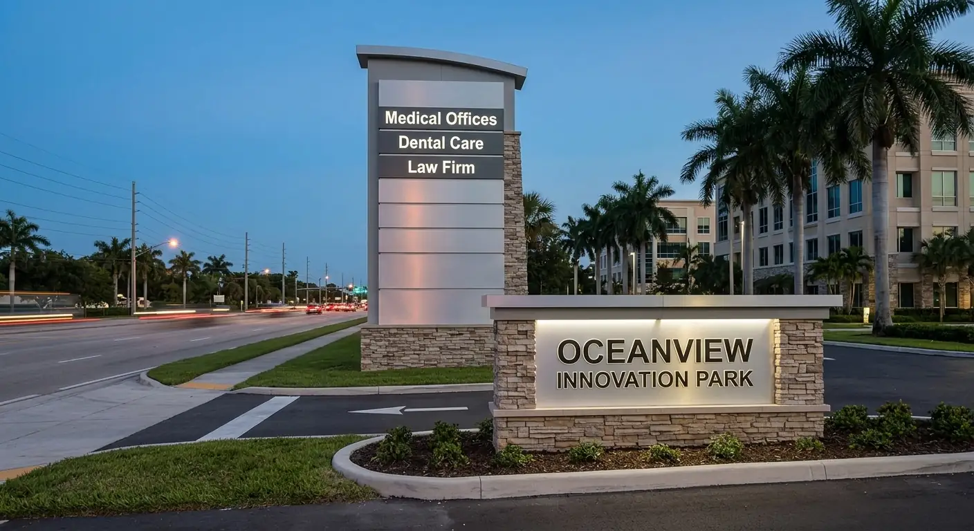 Monument sign at the entrance of an office and innovation park
