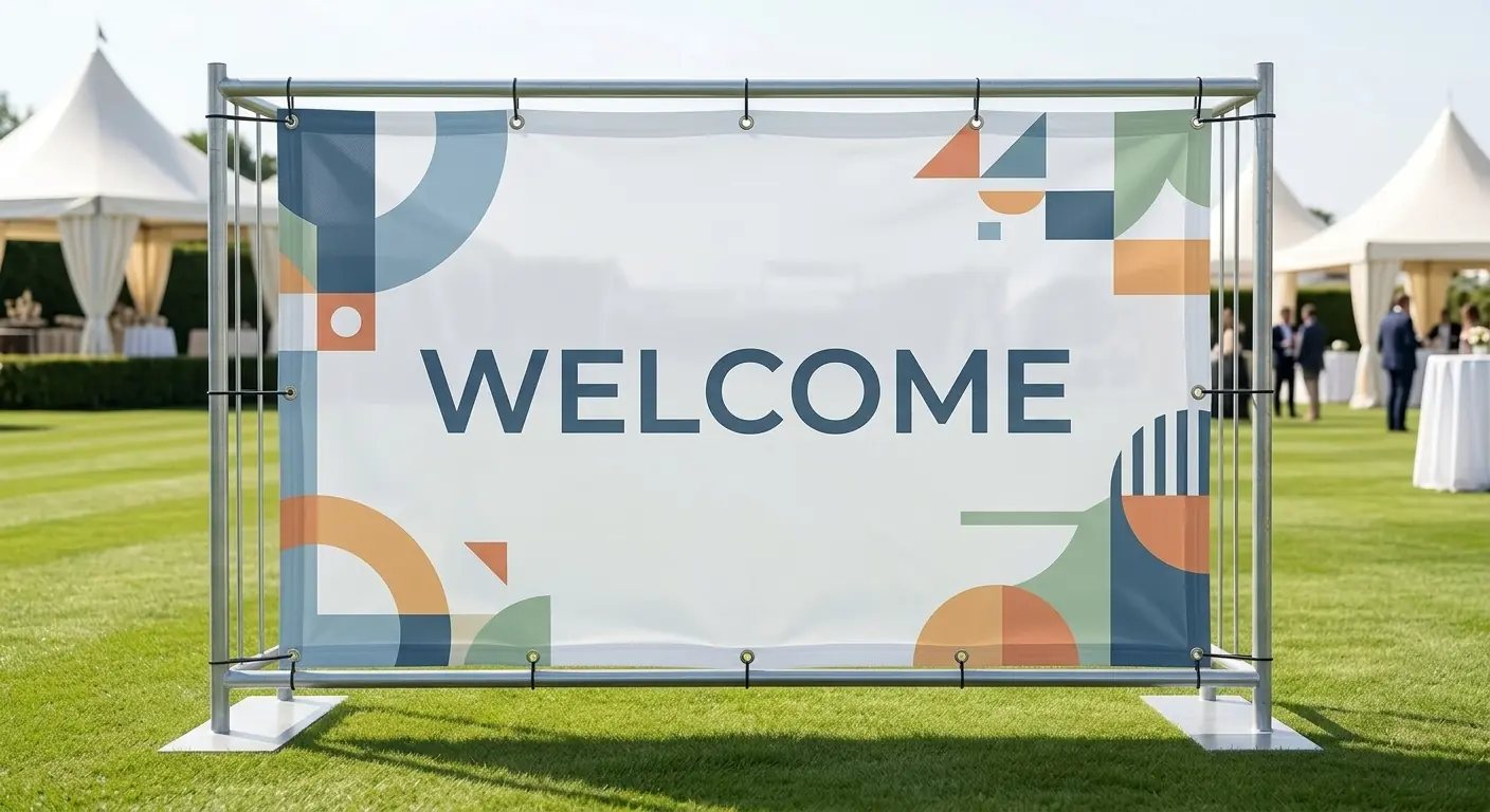 Welcome banner mounted on a frame at an outdoor event