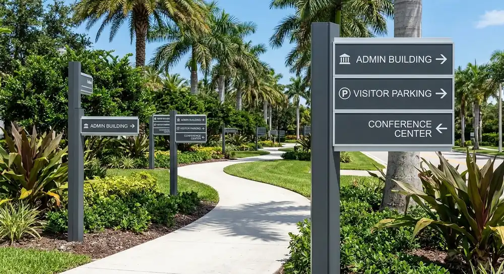 Post and panel directional signs guiding visitors across a campus