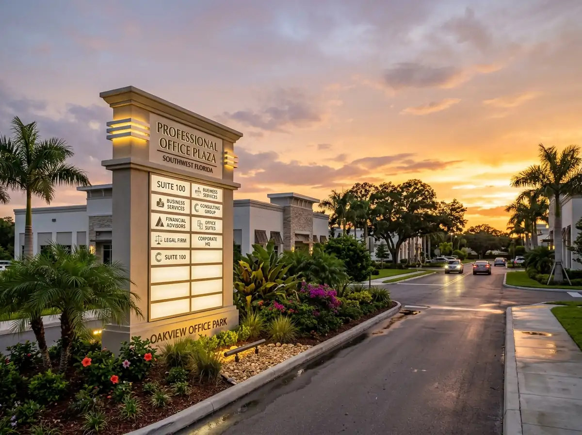 Monument sign for a professional office park at sunset