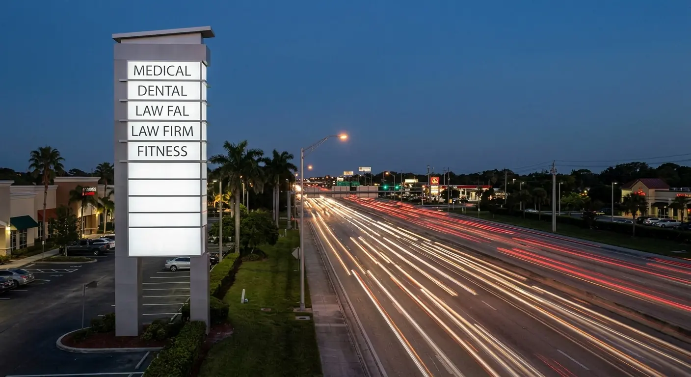 Tall pylon sign beside a highway with passing traffic at night