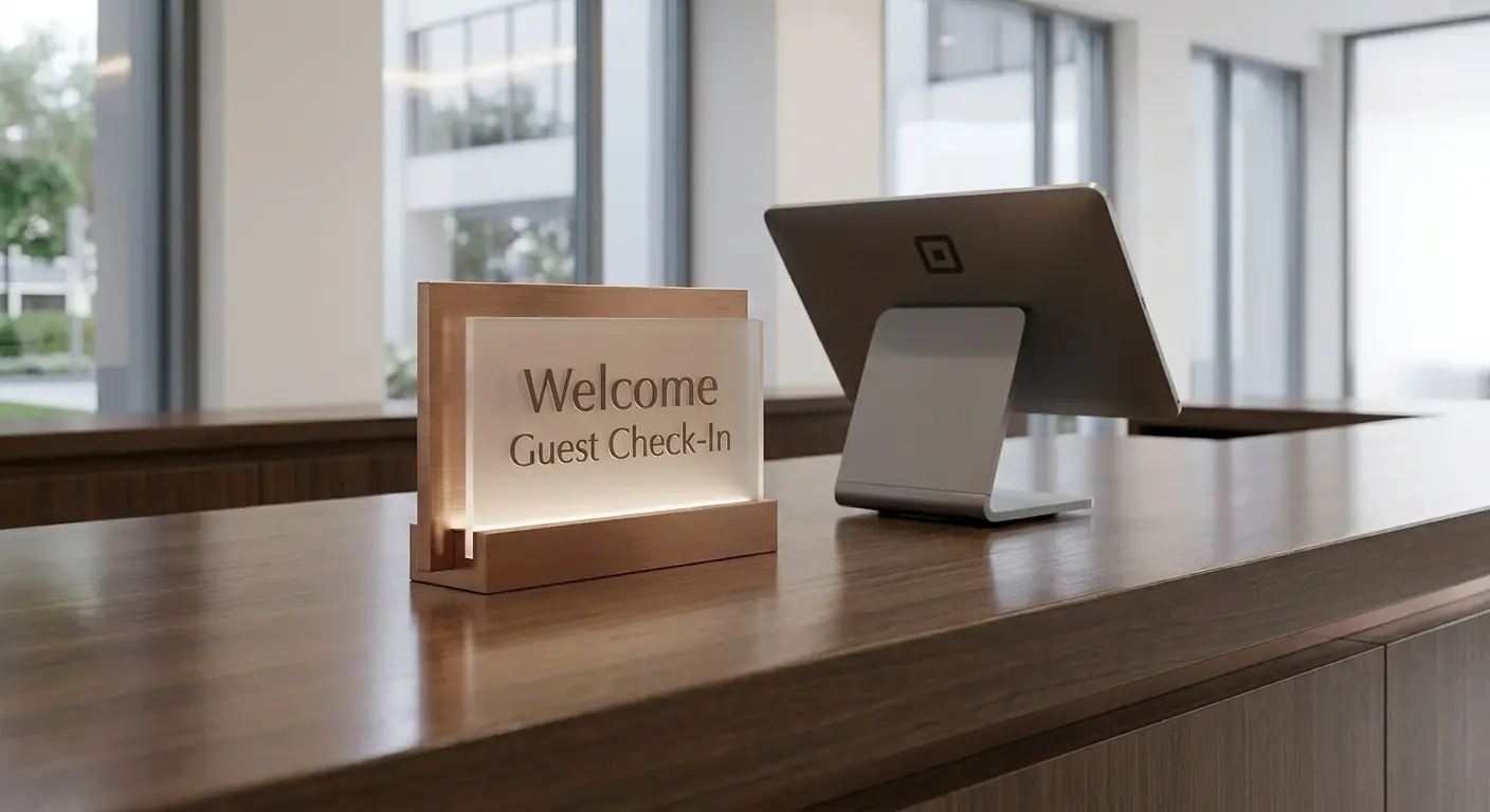 Welcome and guest check-in sign on a reception desk