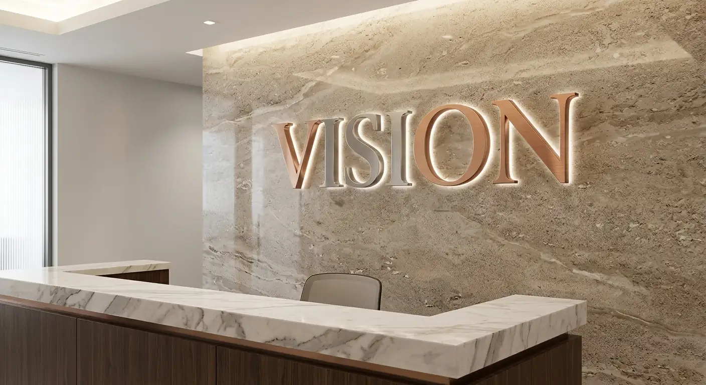 Dimensional logo letters behind a reception desk in an office lobby