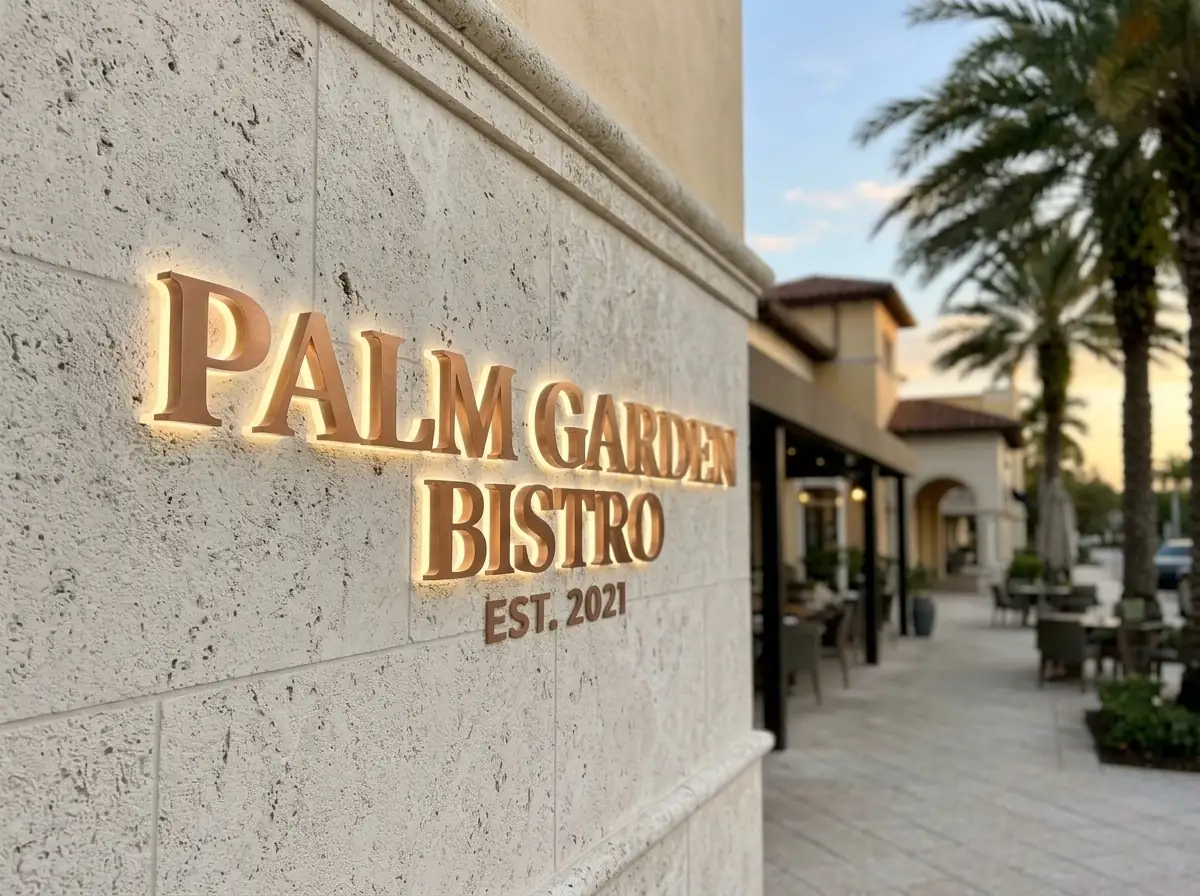 Gold dimensional letters on the storefront of a bistro