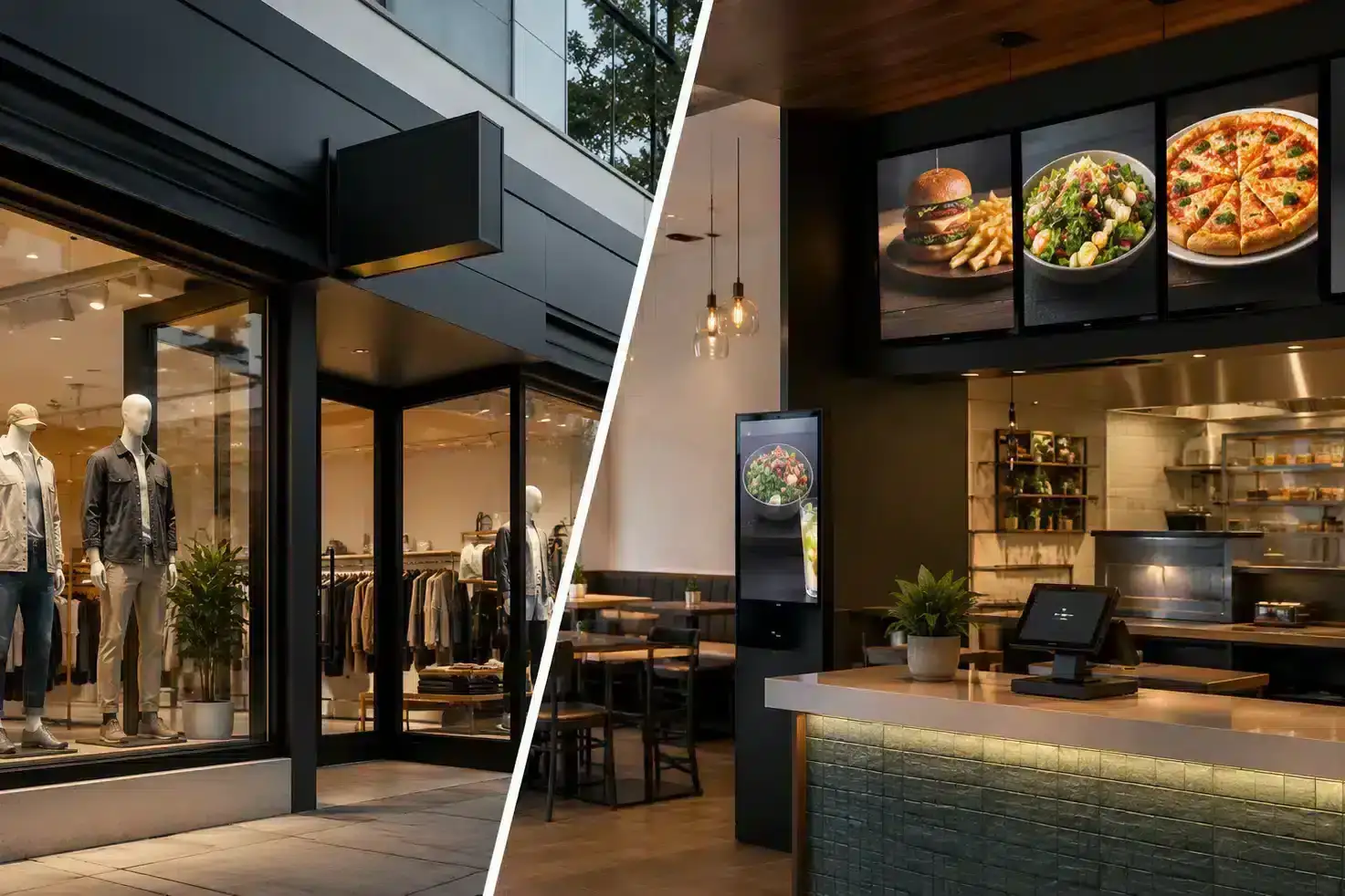 Retail storefront alongside restaurant menu board signage
