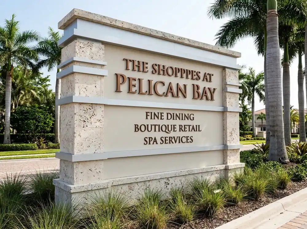 Stone monument sign listing tenants at a shopping center