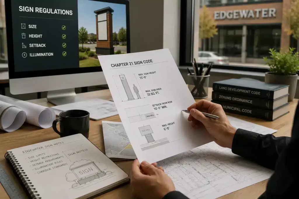 Local sign code and regulations under review at a desk