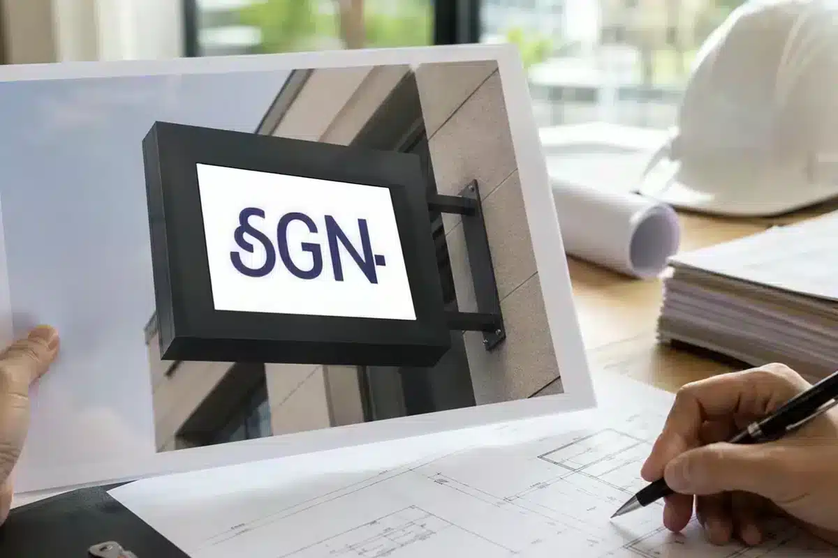 Sign design proof shown on a tablet beside printed blueprints