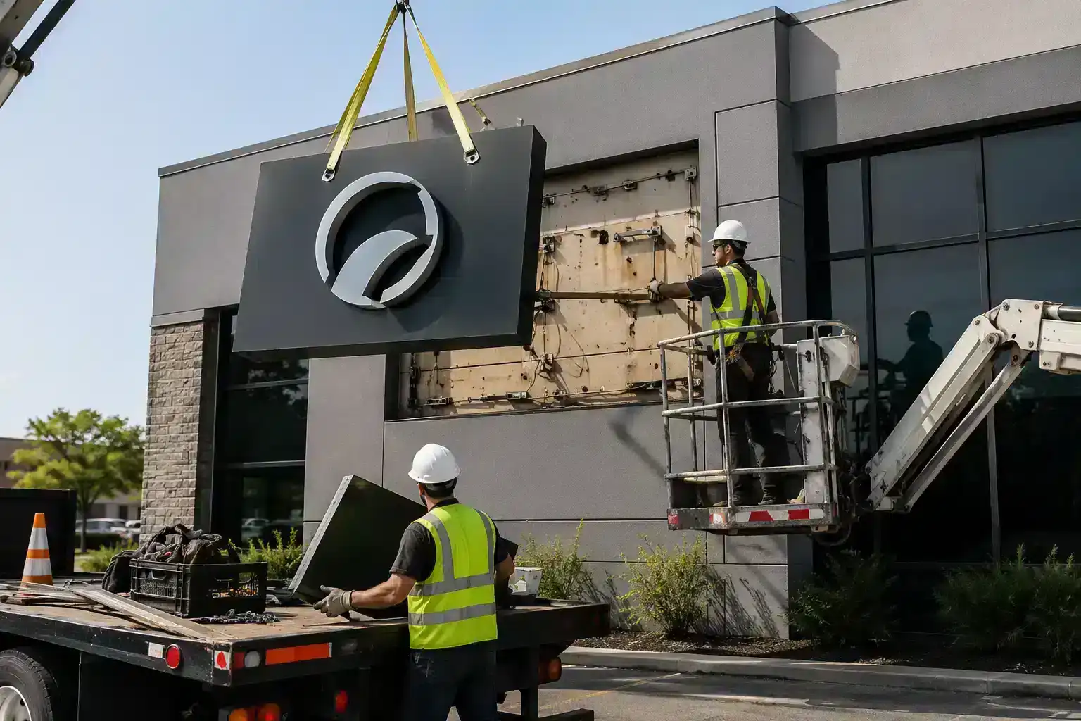 Installation crew connecting an illuminated sign from a lift