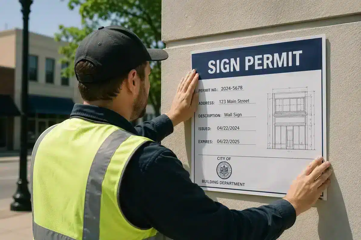 Sign permit notice being posted on a wall