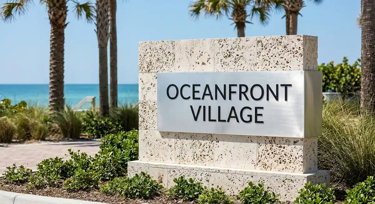 Stone monument sign at the entrance of a coastal community