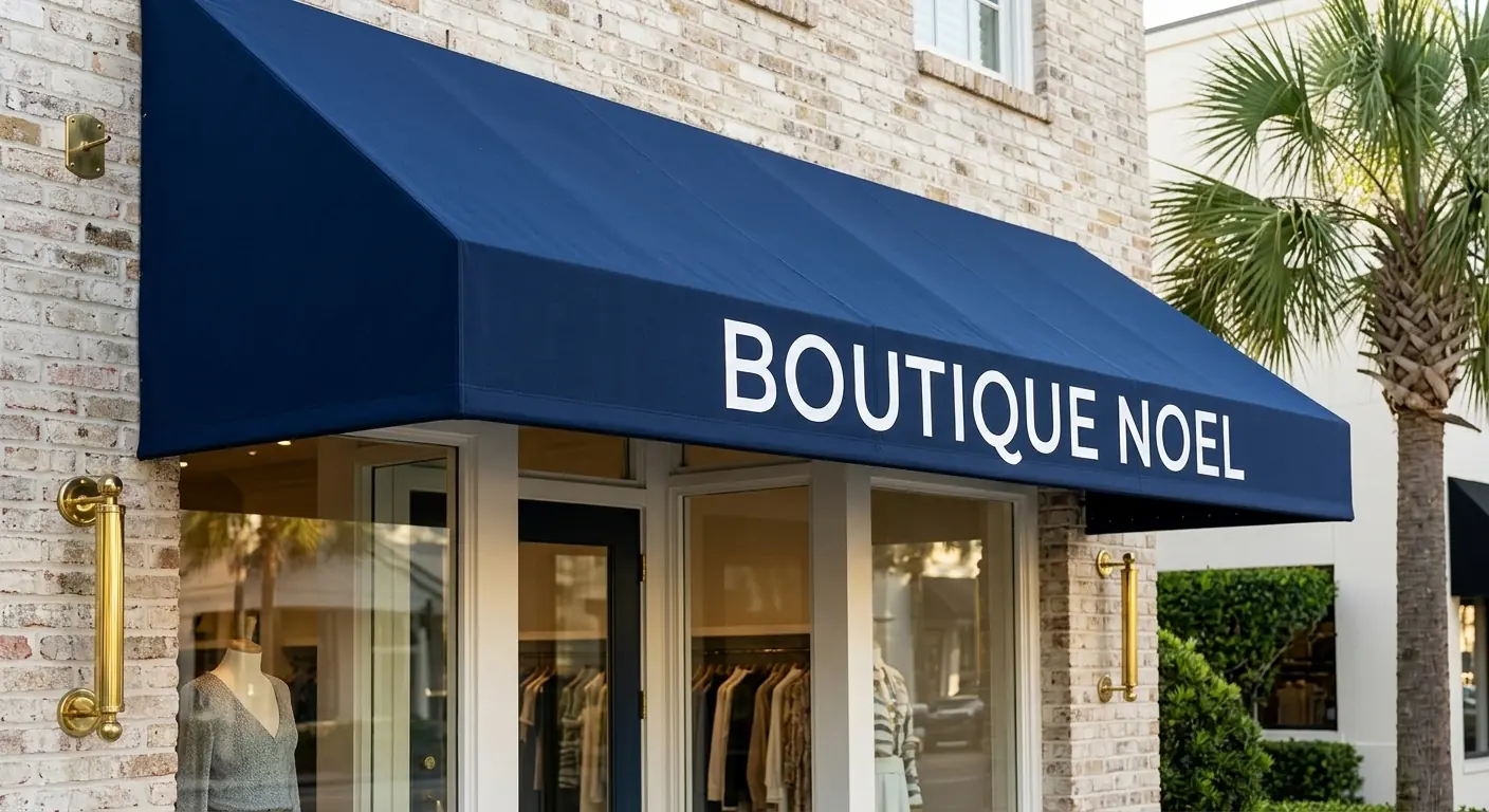 Printed awning and storefront sign on a boutique retail shop