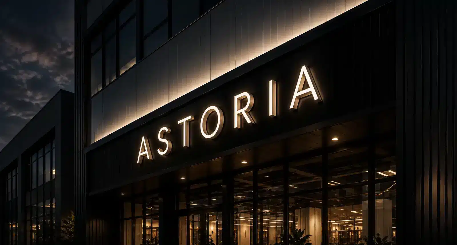 Illuminated dimensional letters on a storefront facade at dusk
