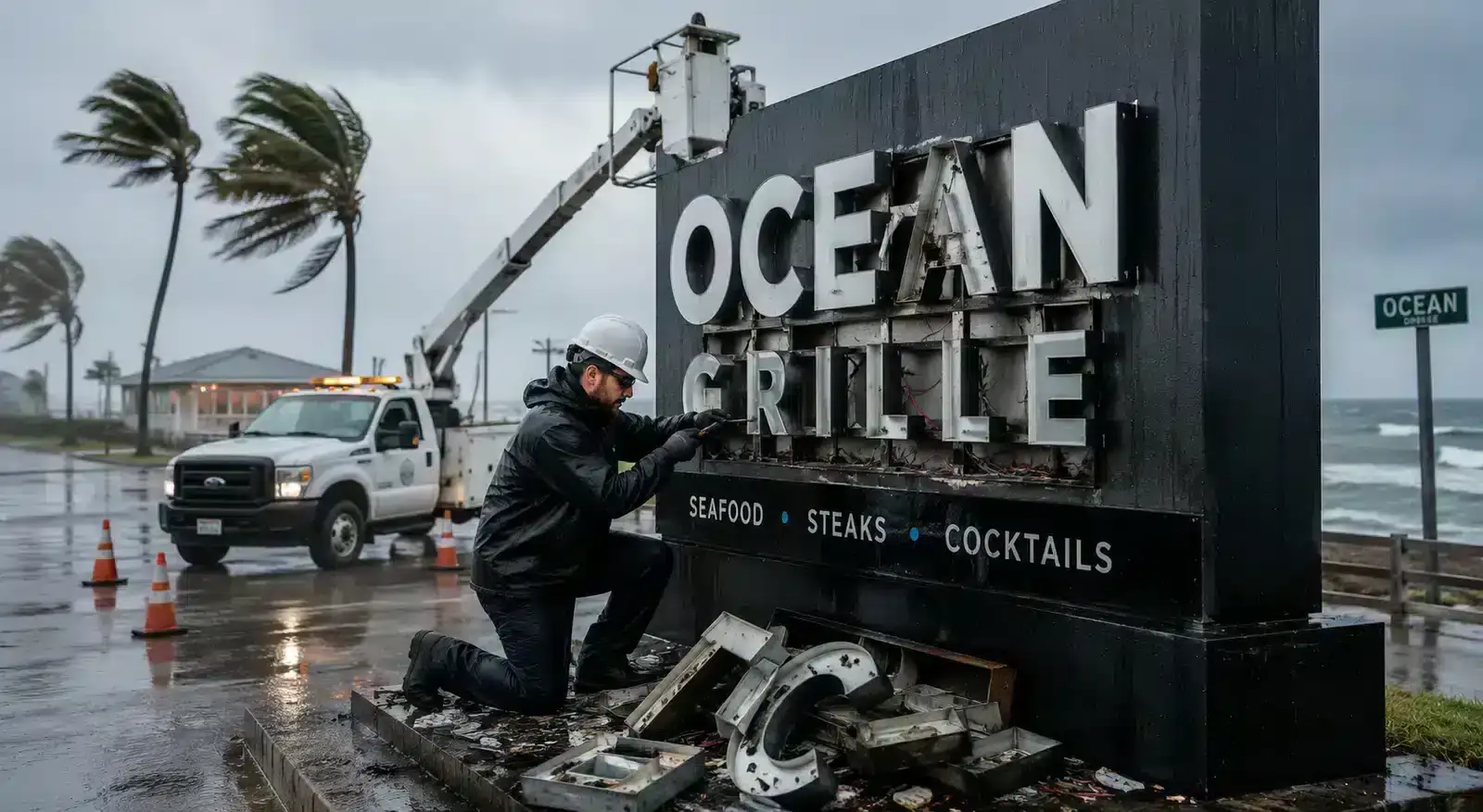 Storm damaged monument sign being repaired after a storm