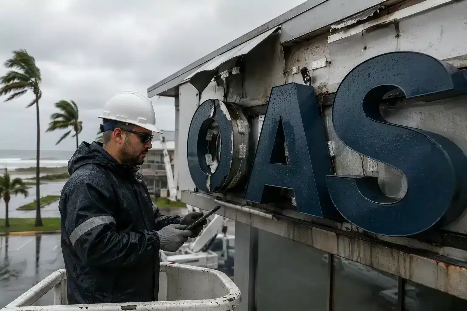 Technician repairing storm damaged building letters