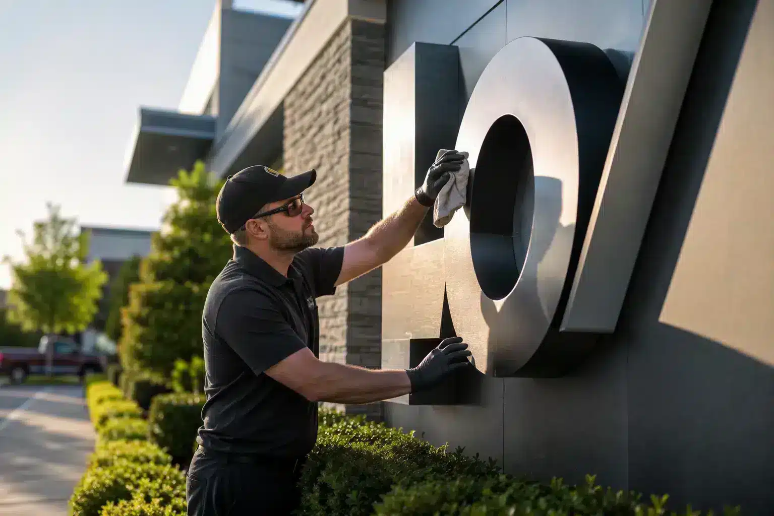 Technician cleaning a channel letter sign on a building