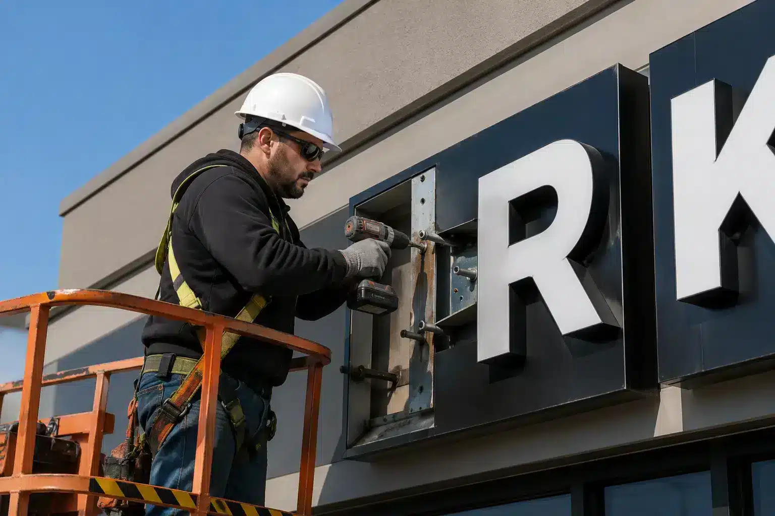 Technician repairing building letters from a lift