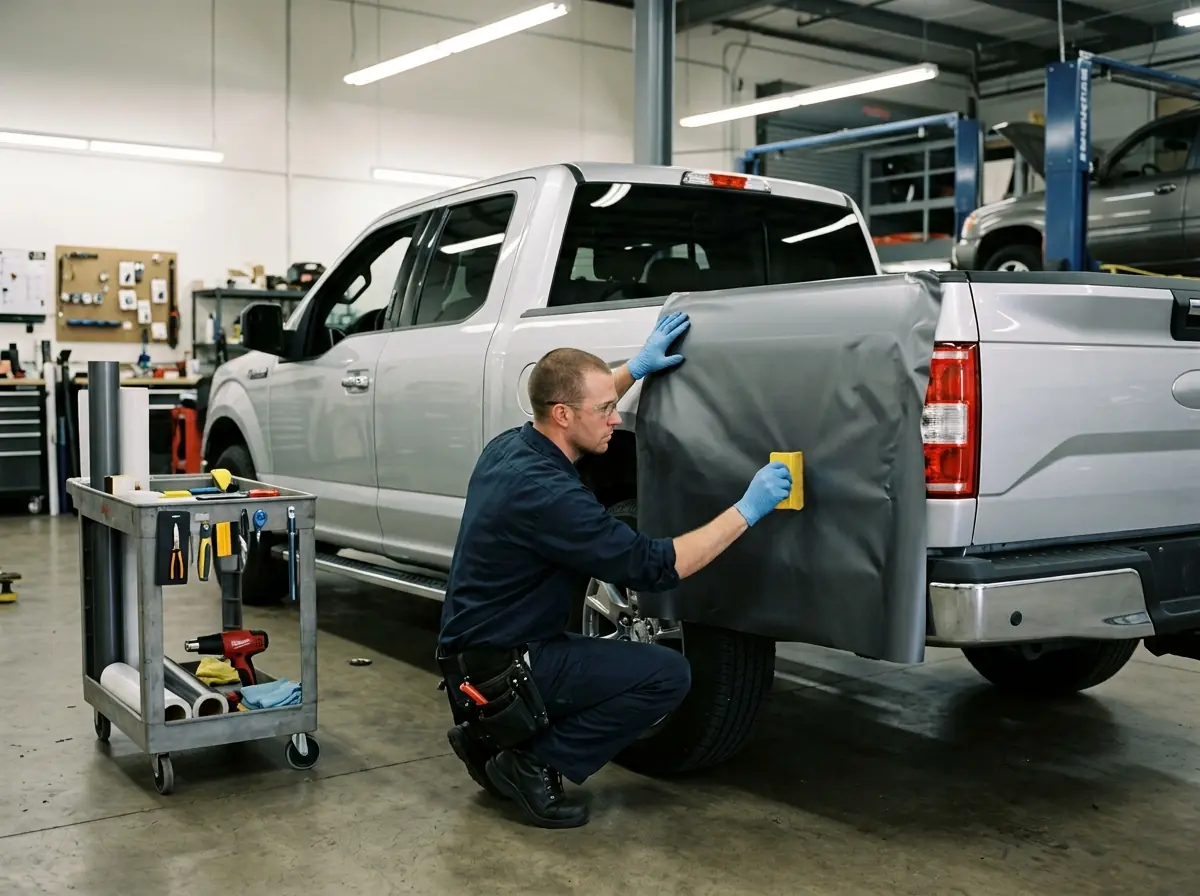Technician applying wrap film to a pickup truck in the shop