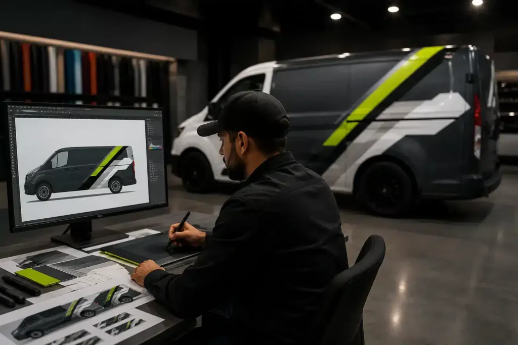 Vehicle wrap design being prepared at a computer workstation