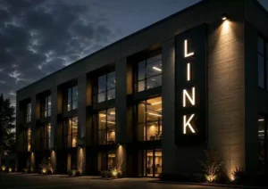 Vertical blade sign mounted on a modern building facade