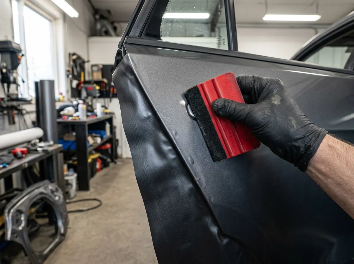 Applying vinyl wrap to a vehicle door with a squeegee