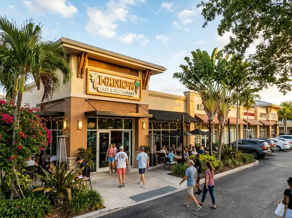 Walkable retail storefront row in a Florida shopping district
