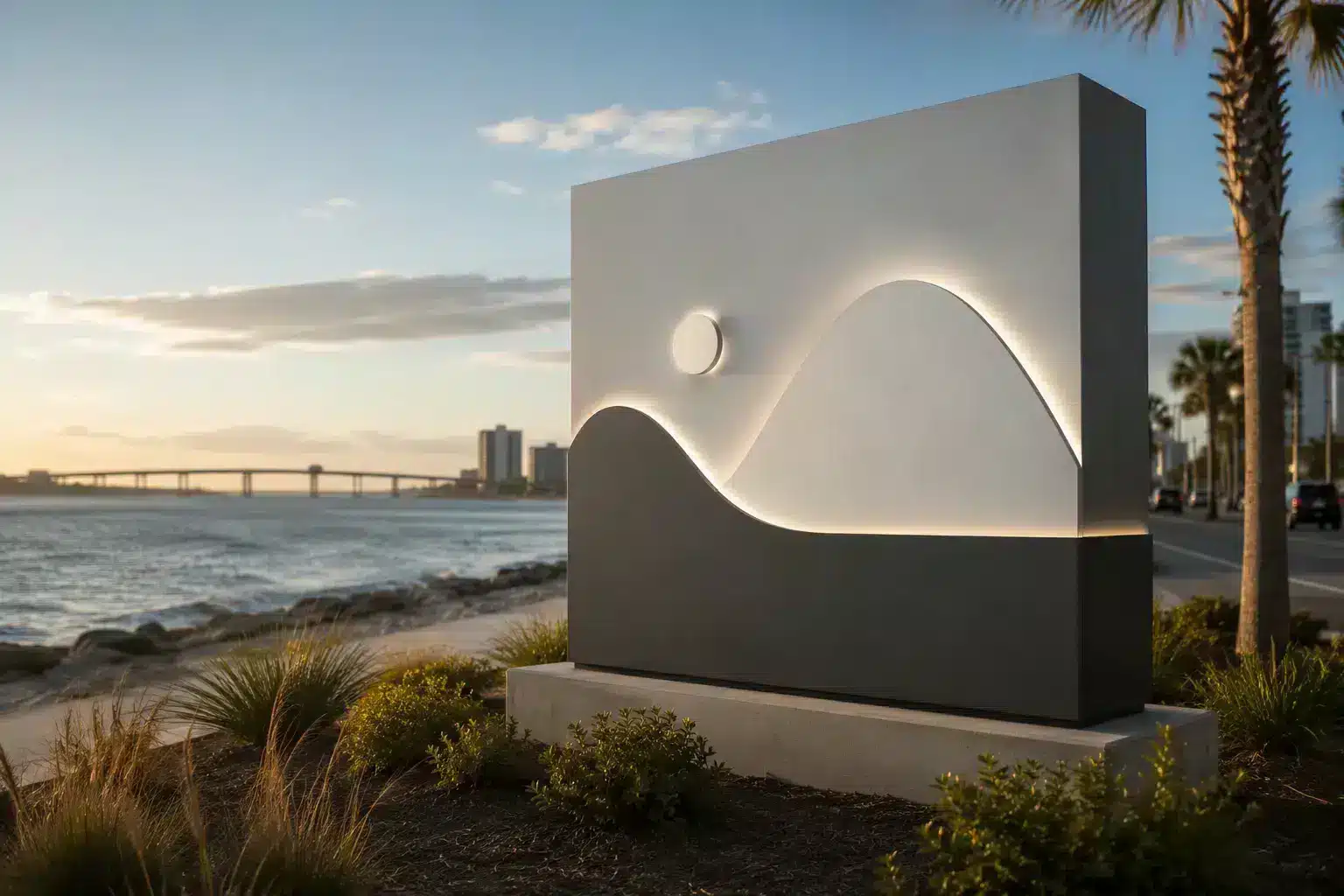 Monument sign on a coastal waterfront property