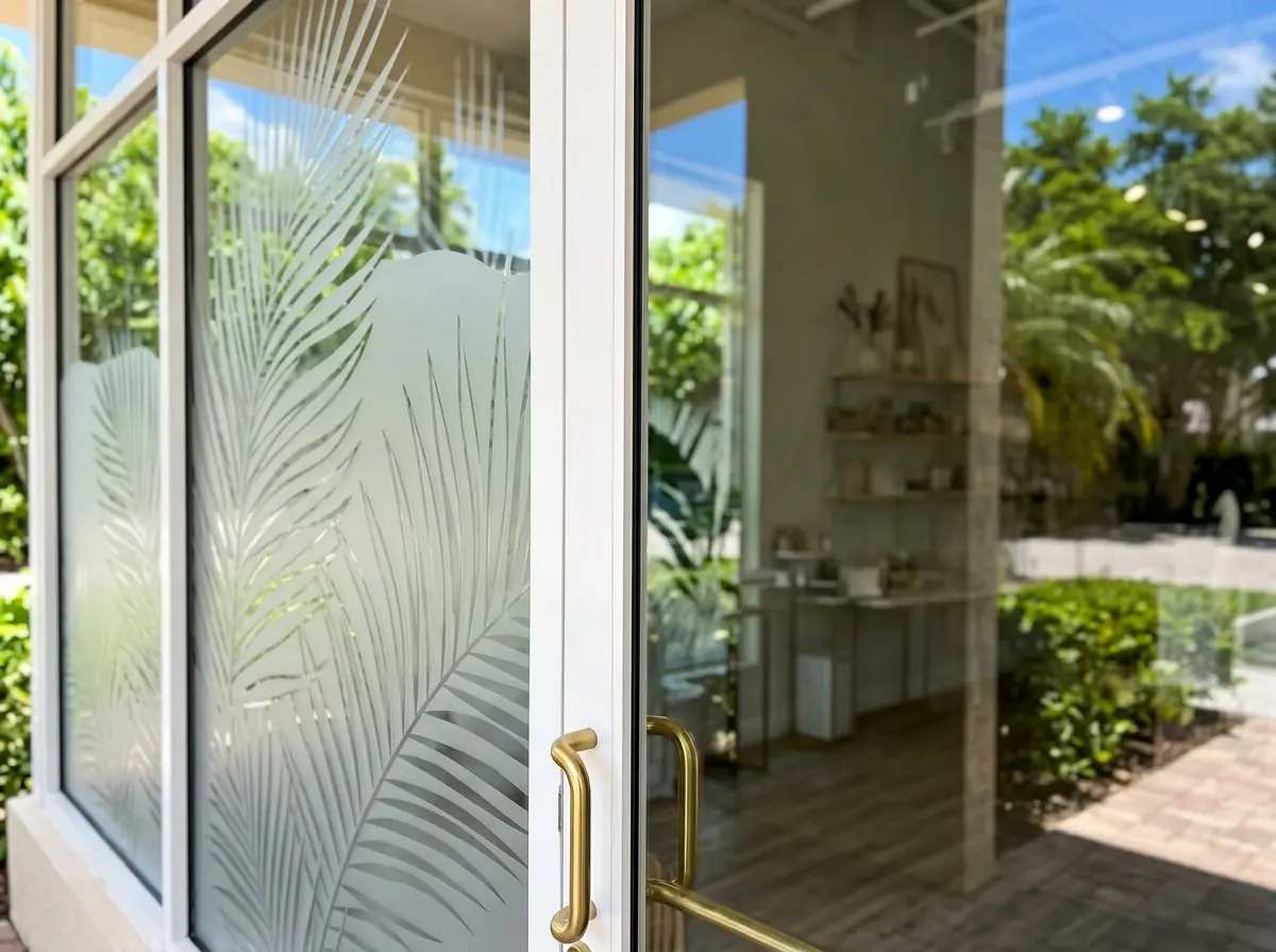 Frosted palm window graphics on a storefront glass door